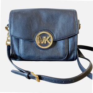 Michael Kors Fulton Black Pebbled Leather Crossbody Bag Gold Logo Purse
